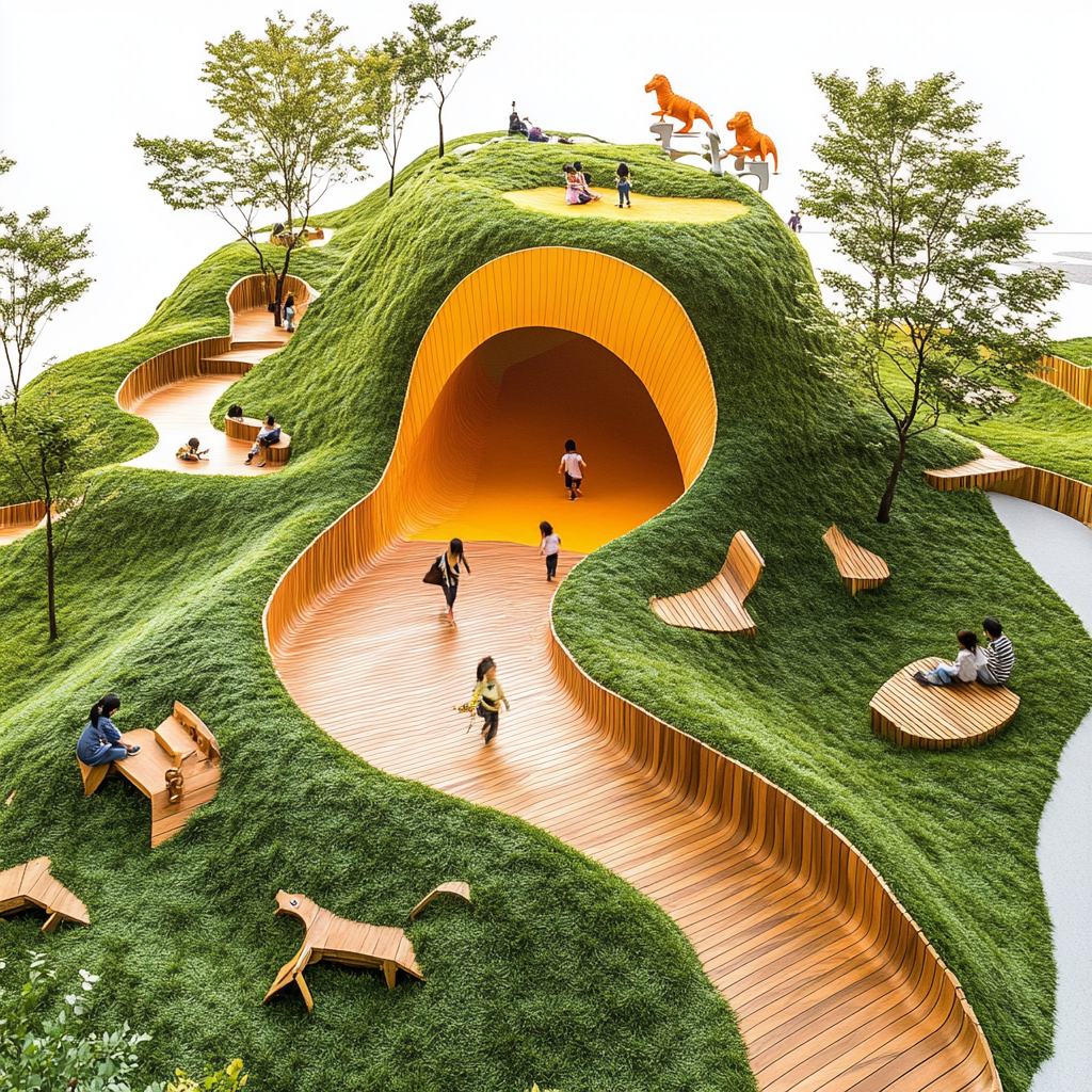 Children play at colorful outdoor playground park