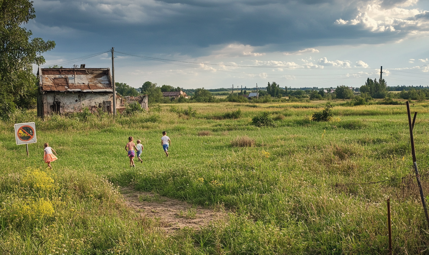 Children play in cleared, safe Ukrainian field. Hopeful peace.