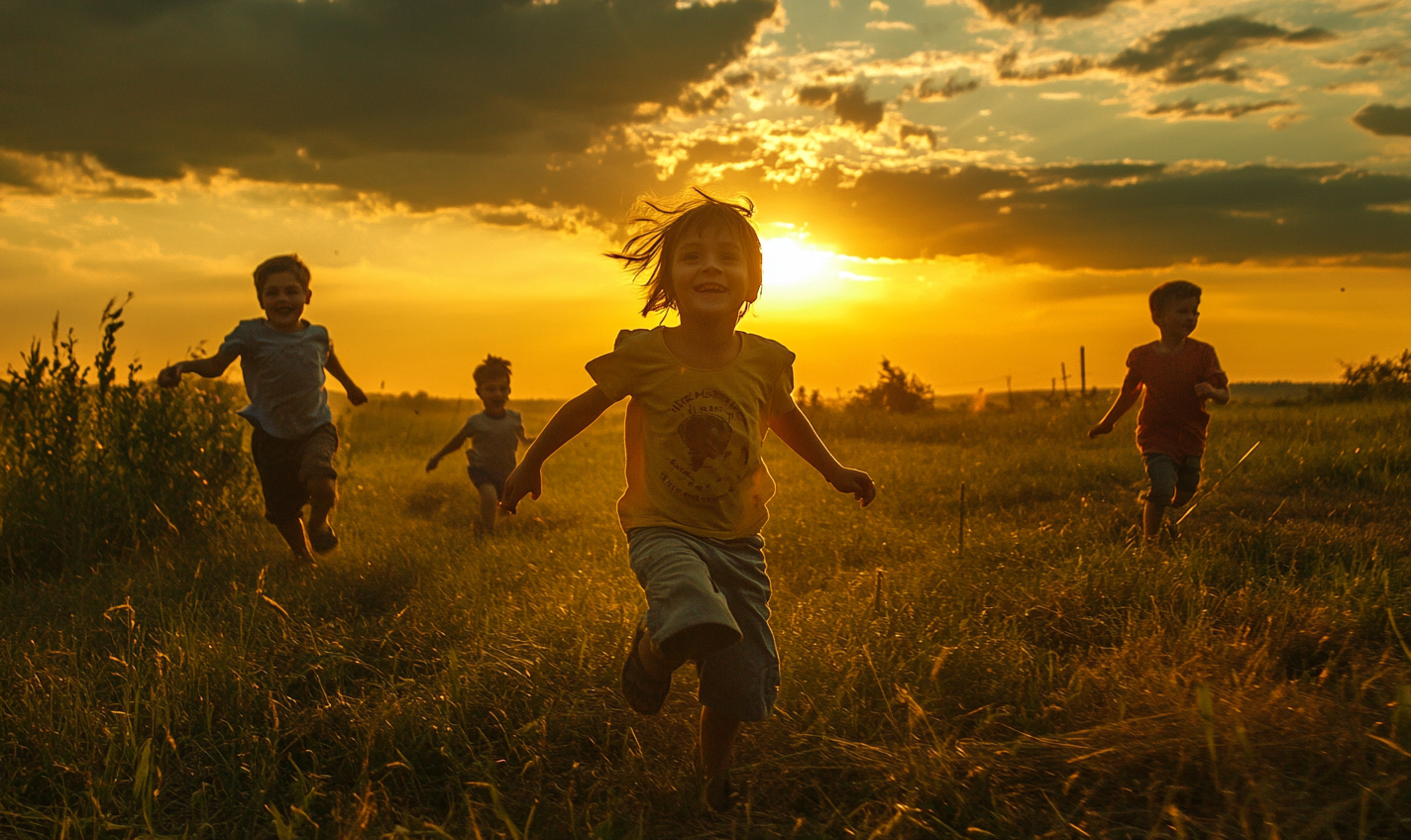 Children playing in Ukraine, under glowing sky.