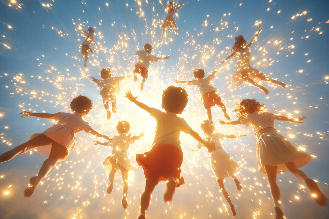 Children playing in golden light beams, glowing and shimmering.