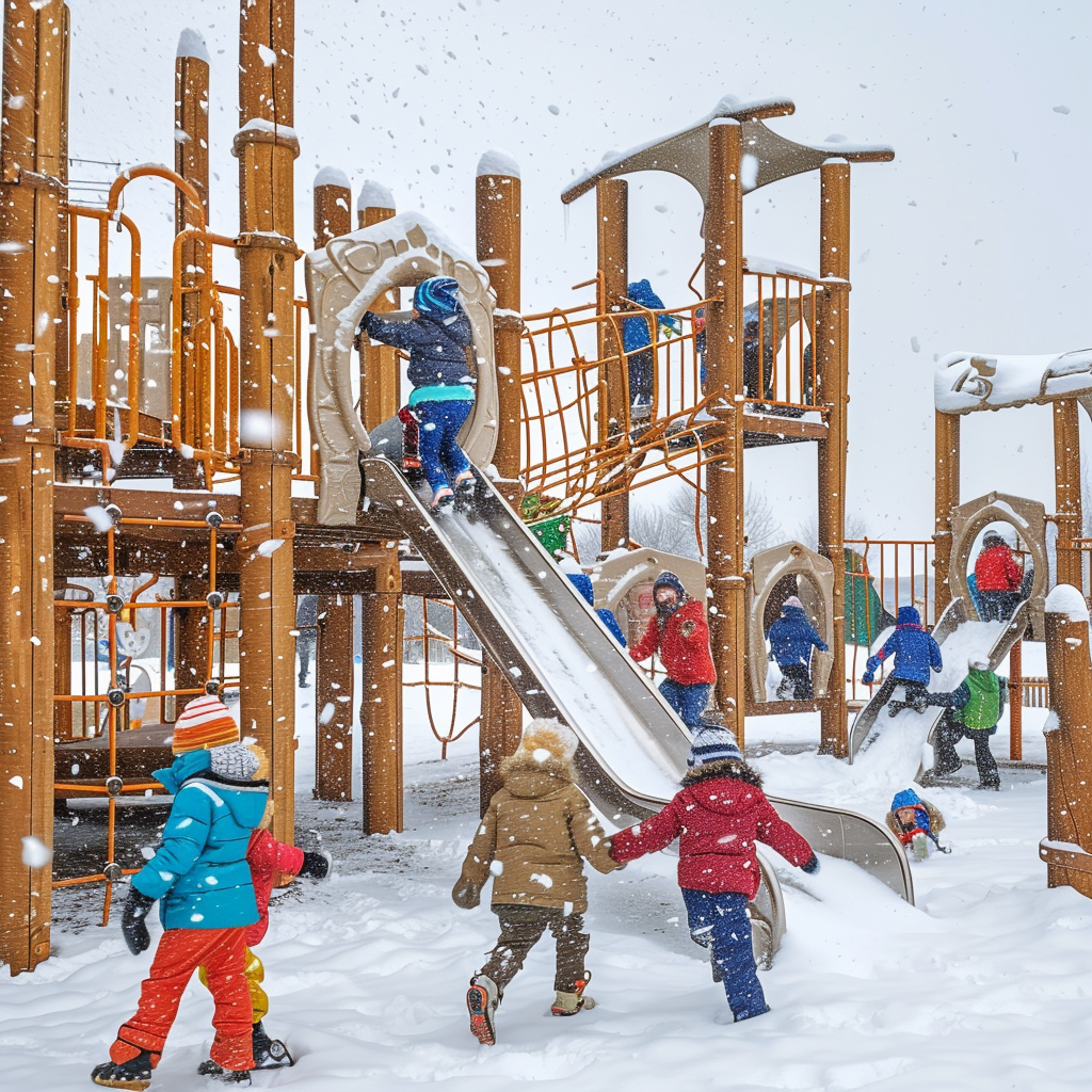 Children playing in snowy playground on colorful structures.