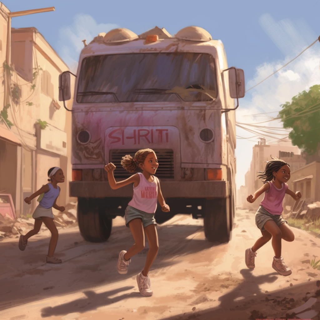 Children playing in the sun with garbage collection truck.