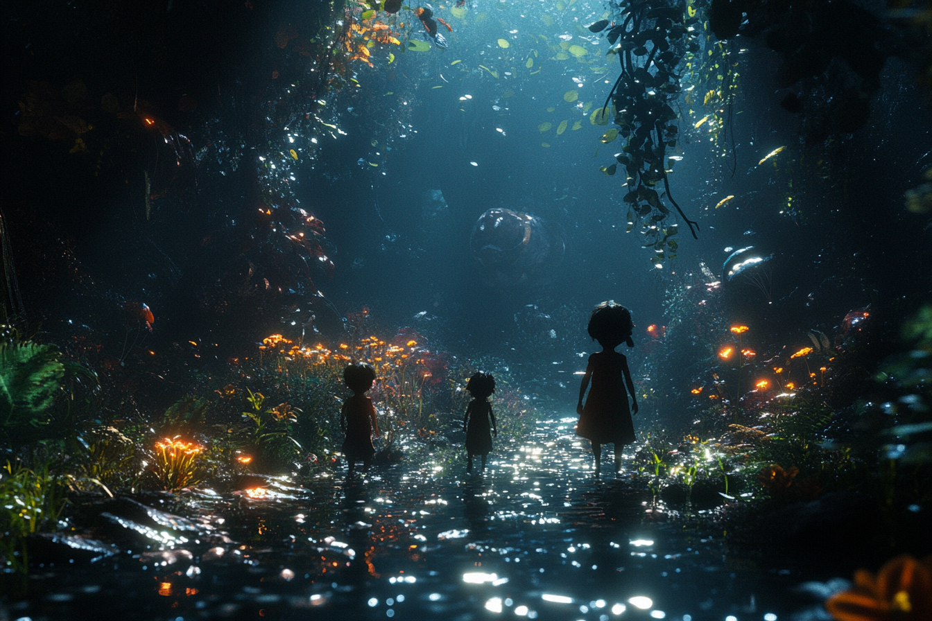 Children searching in dark, gloomy CGI world for light.