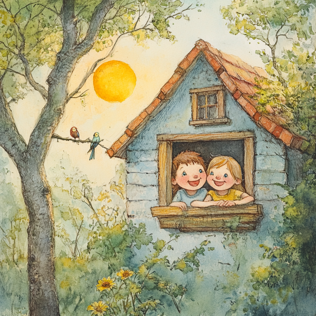 Children smiling by house window, looking at sun and nature.