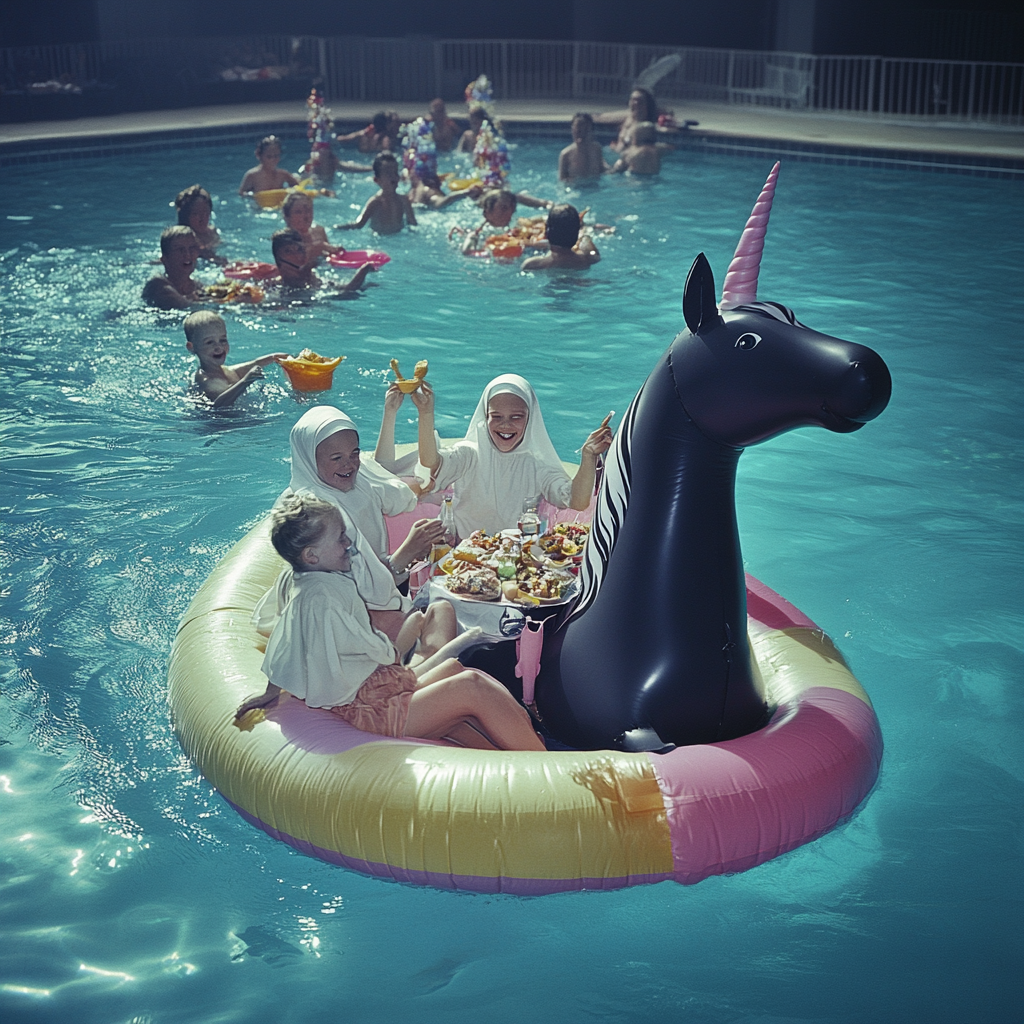 Children swimming, eating, playing instruments with happy nun supervising.