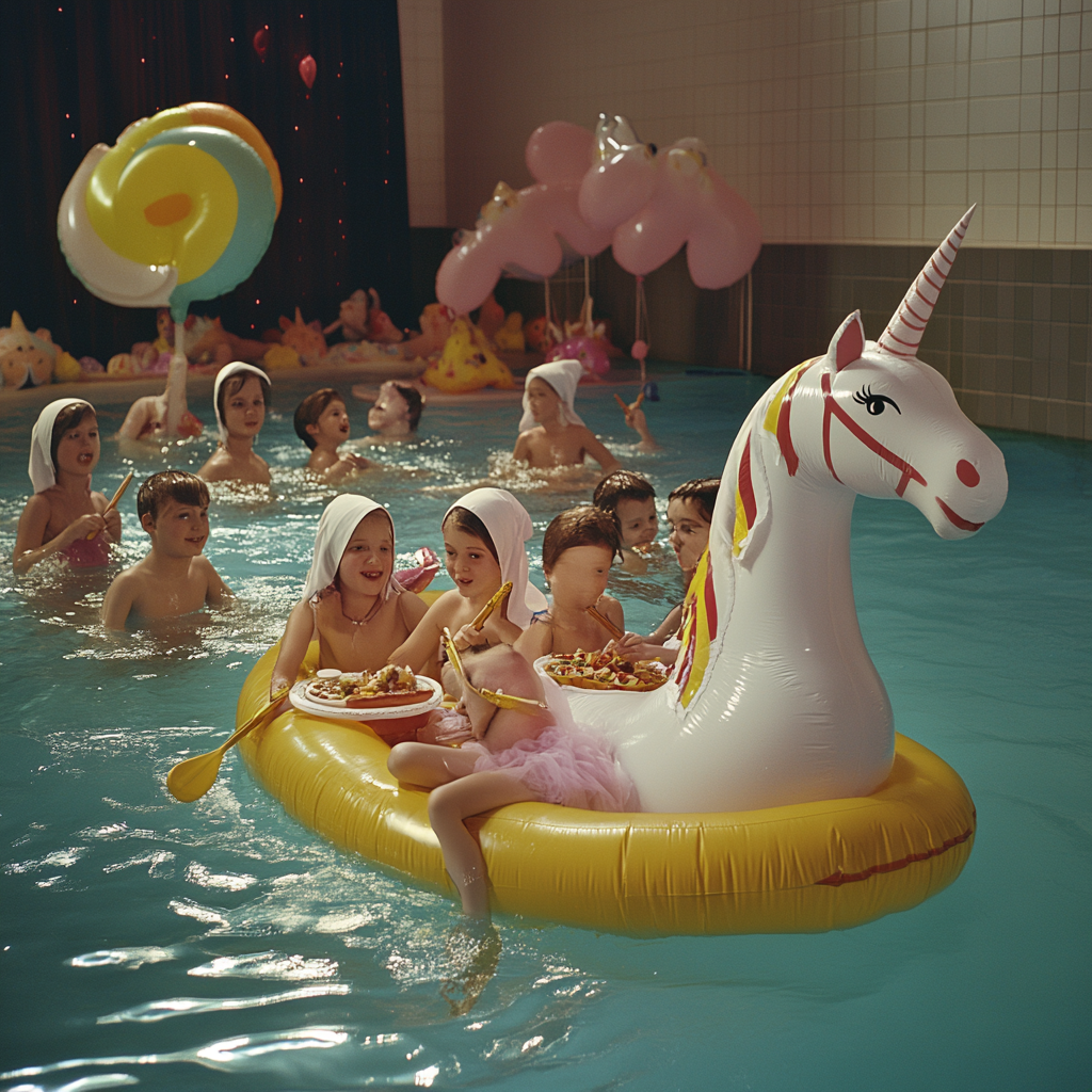 Children swimming, eating, playing instruments; nun on unicorn.