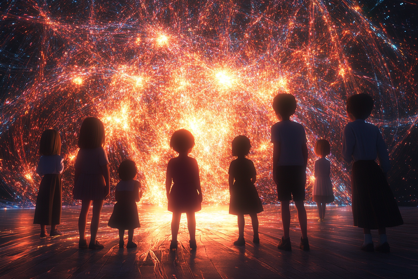 Children watching threads of light intertwine creating glowing network.