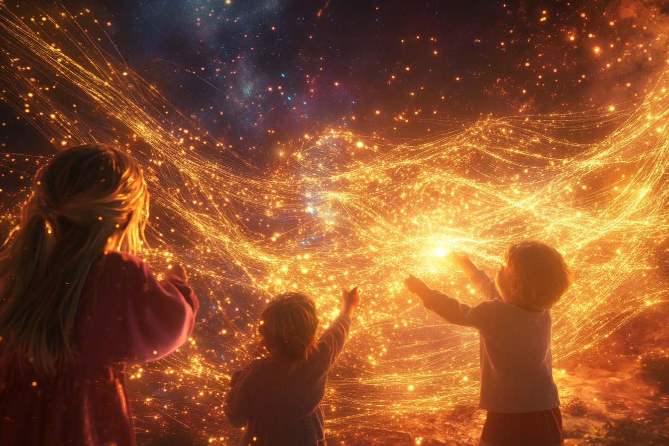 Children weaving golden threads between Earth and stars.