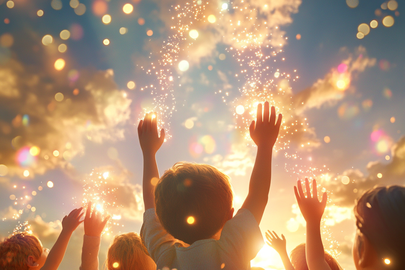 Children with sparkling auras reaching to light-filled clouds.