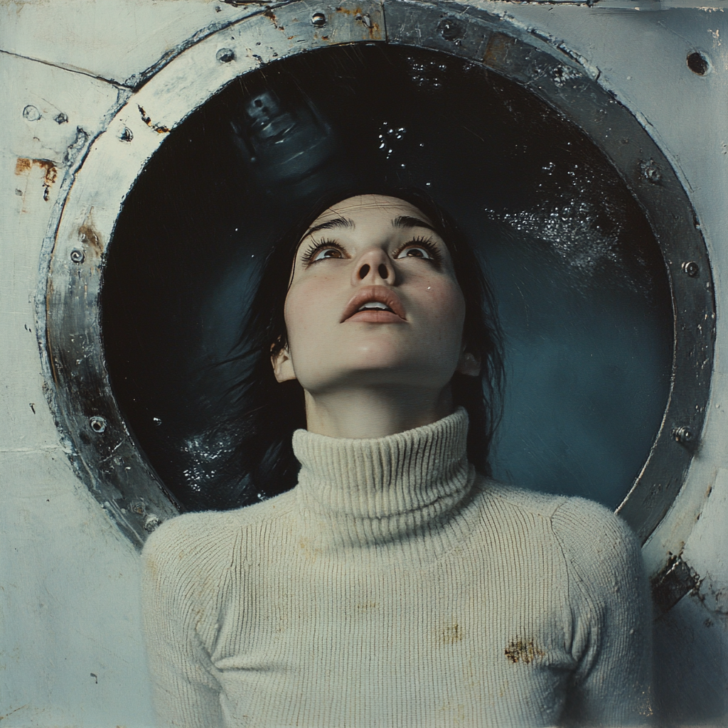 Chilean woman in cream turtleneck swimming from submarine.