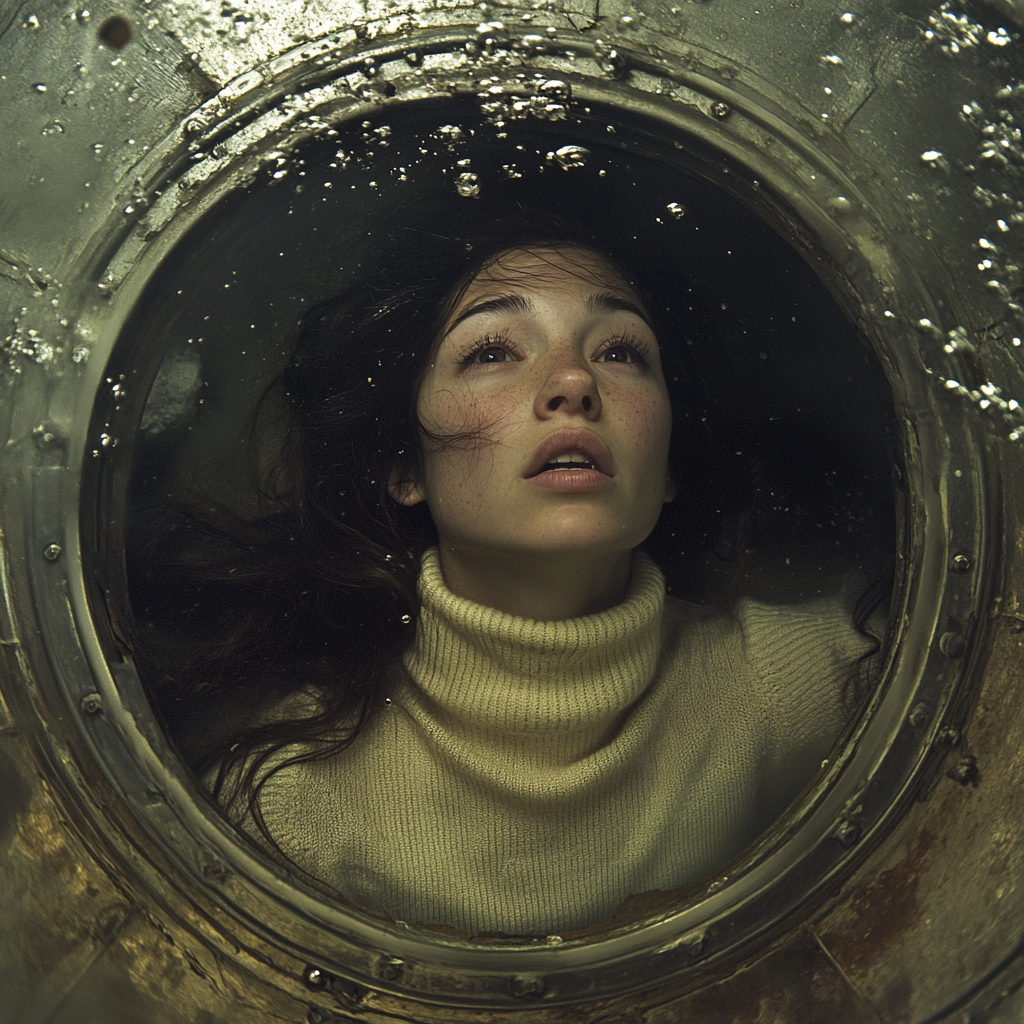 Chilean woman swimming out of submarine in ocean.