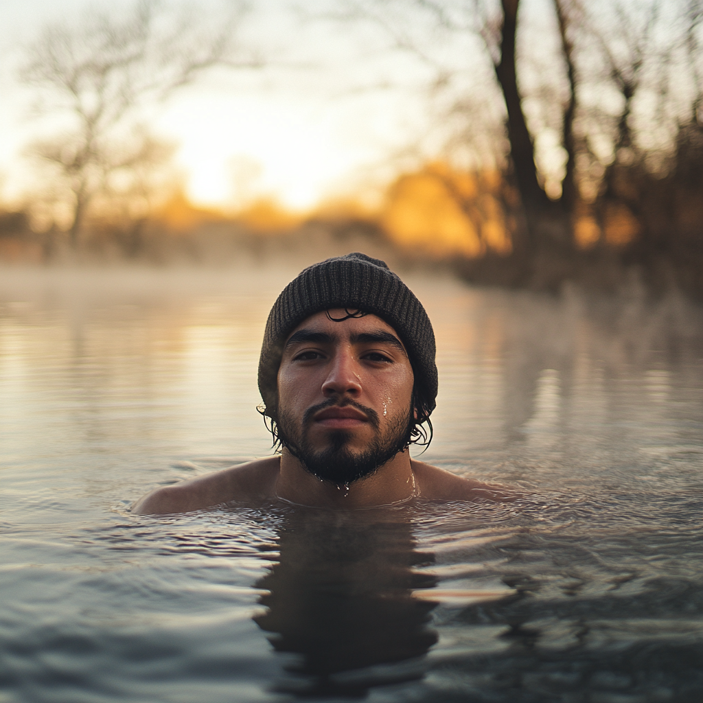 Chilly Lake Morning: Hispanic Man Submerged.