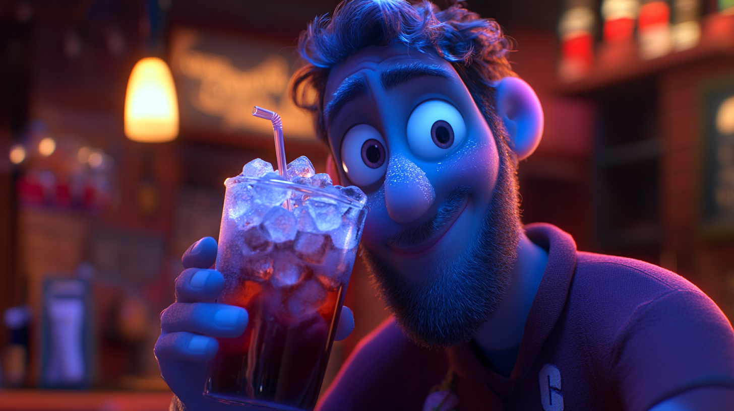 Chilly man sips cold Americano in Pixar scene