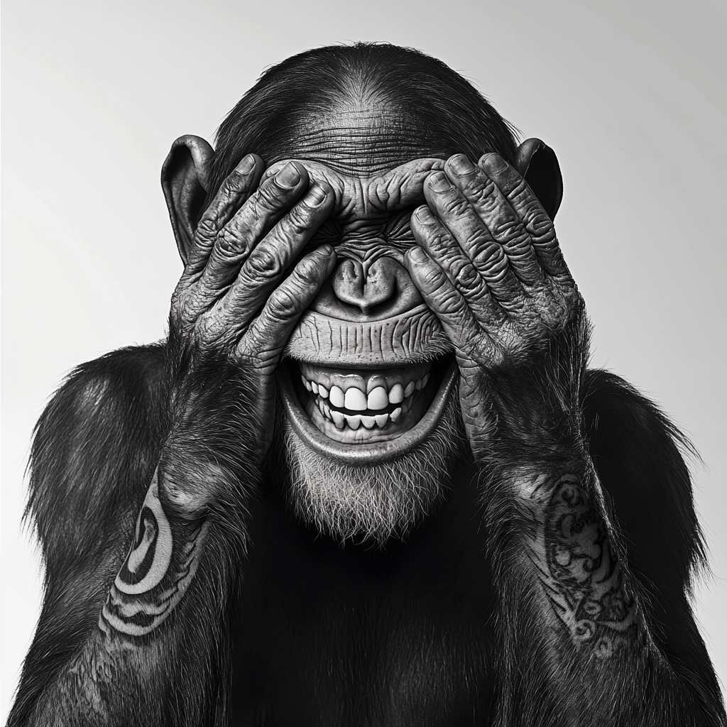 Chimpanzee covering eyes, smiling with joker grin.