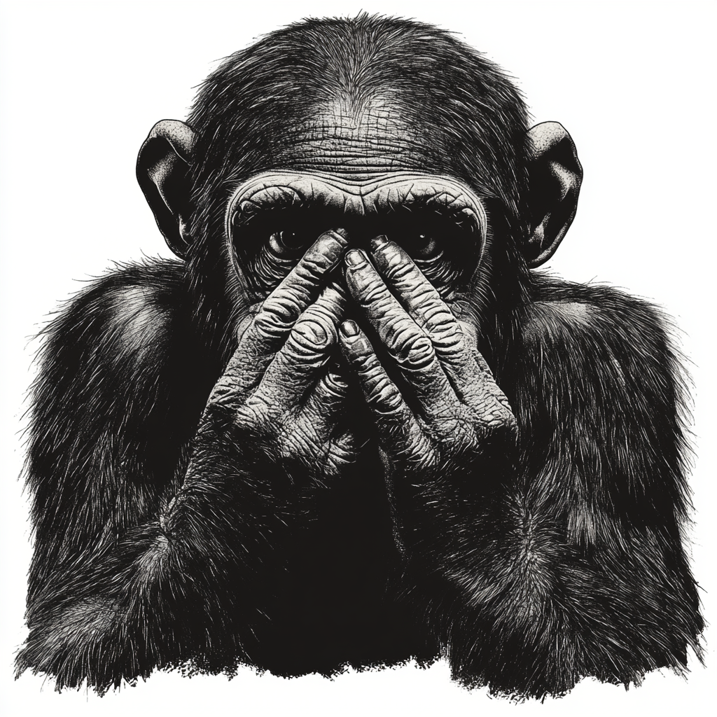 Chimpanzee covering eyes, tattoo design, zoomed in isolation.