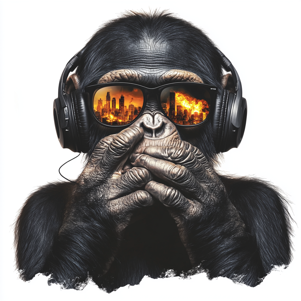 Chimpanzee covering mouth, sunglasses reflection shows burning city.