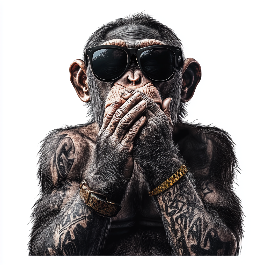 Chimpanzee in sunglasses covering mouth, realistic tattoo design, zoomed out