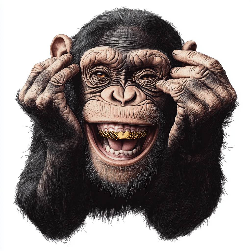 Chimpanzee smiling with gold grill, realistic lighting, tattoo design.