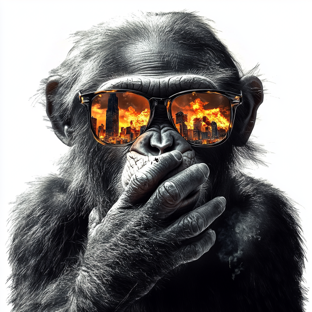 Chimpanzee wearing sunglasses looking at burning city reflection.