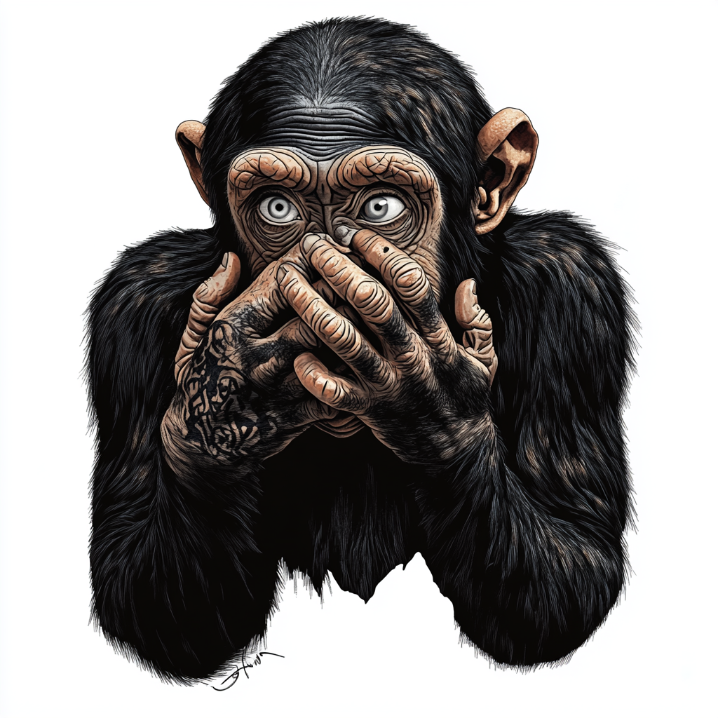 Chimpanzee with hands covering mouth, white eyes, tattoo.