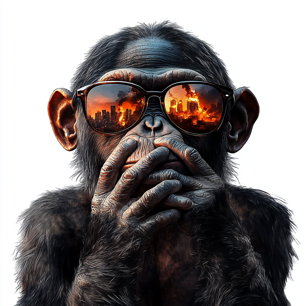 Chimpanzee with sunglasses covering mouth, city reflection, tattoo realistic.