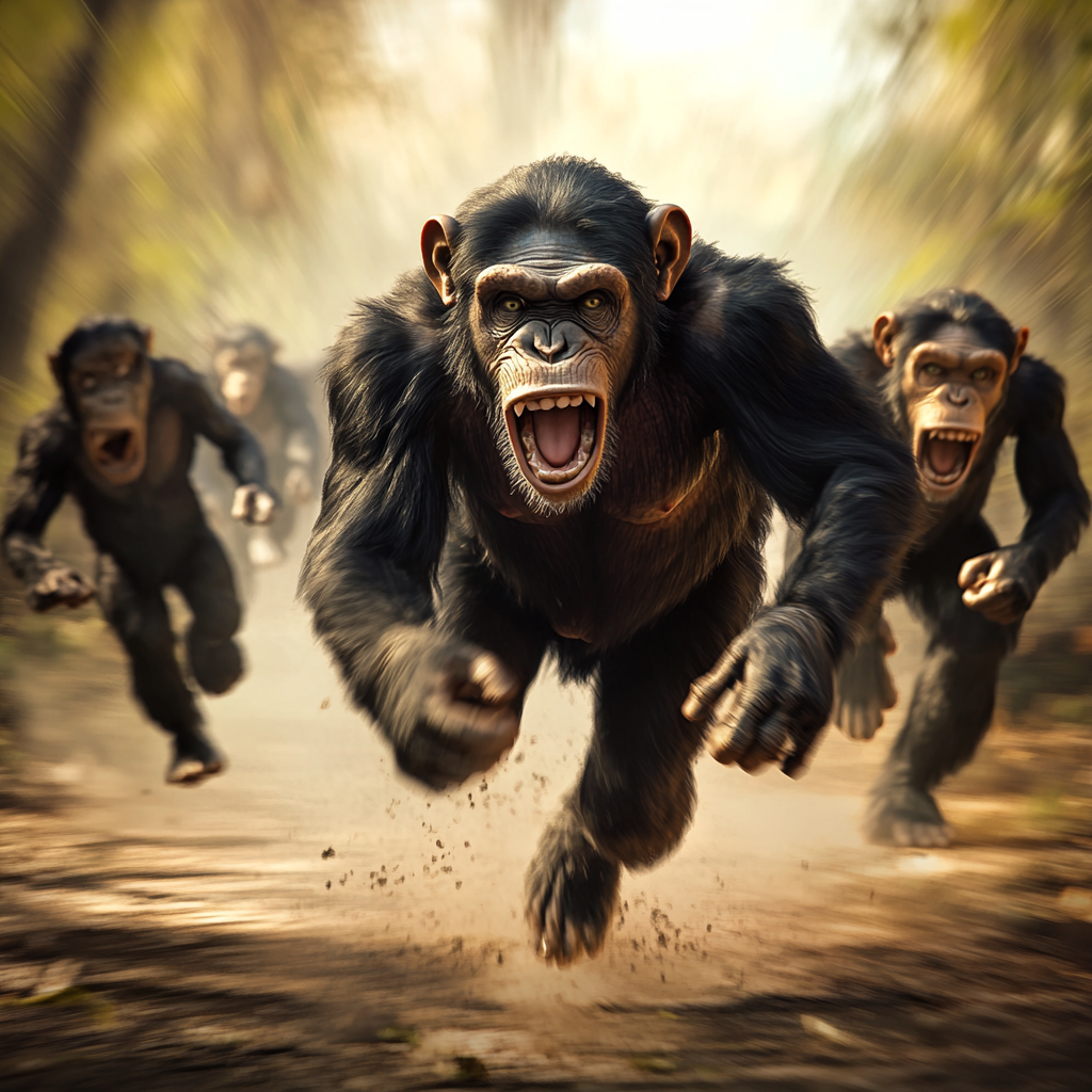 Chimpanzees chase monkeys in exciting action scene.