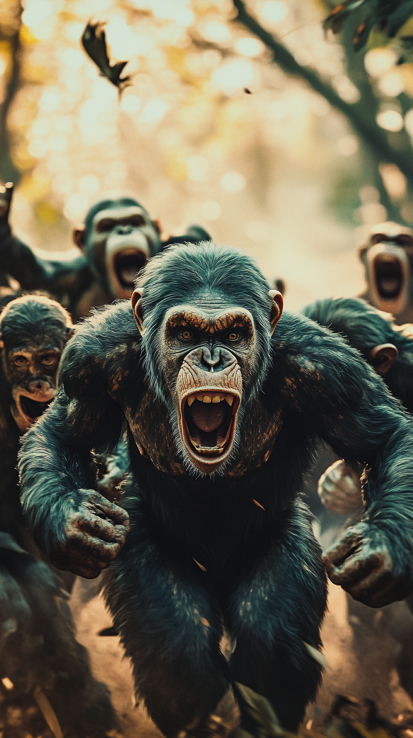 Chimpanzees hunting monkeys in bright cinematic action scene.