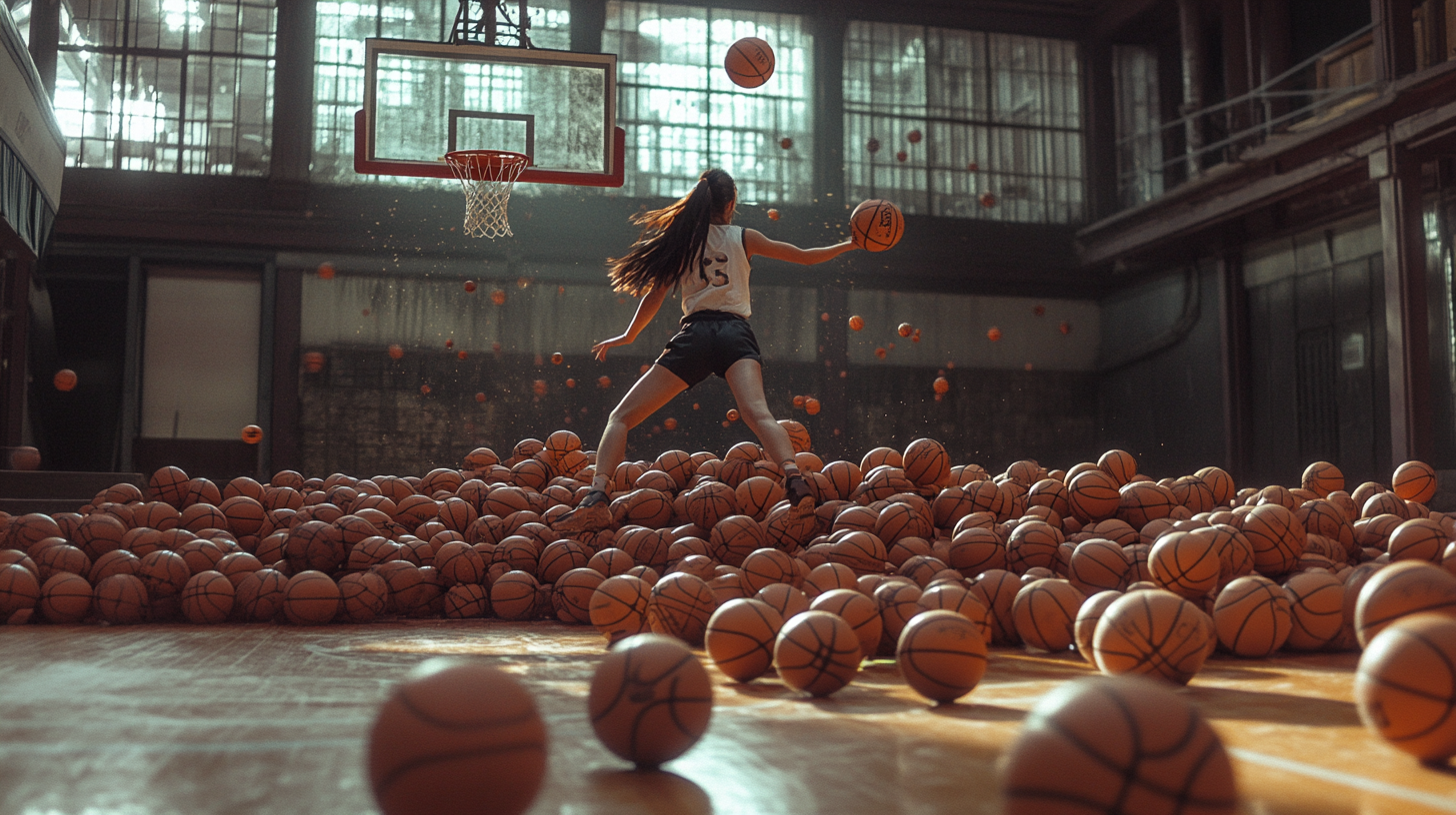 Chinese Basketballer Practicing in Ball-filled Court