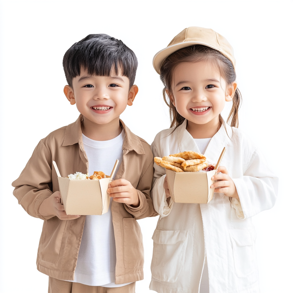 Chinese Filipino kids smiling, holding Chinese food, looking stylish.