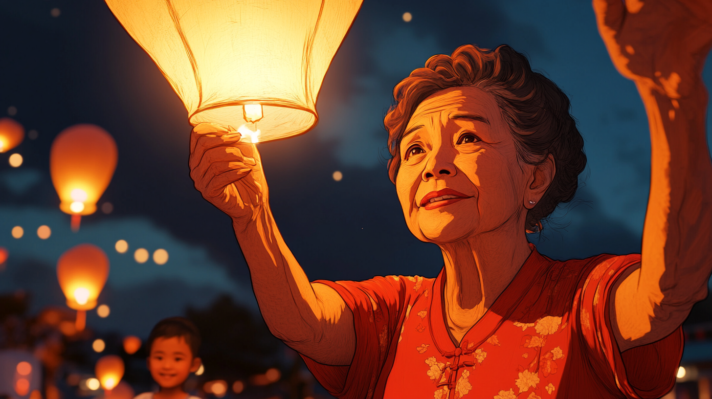 Chinese Grandma and Family Release Lantern at Night