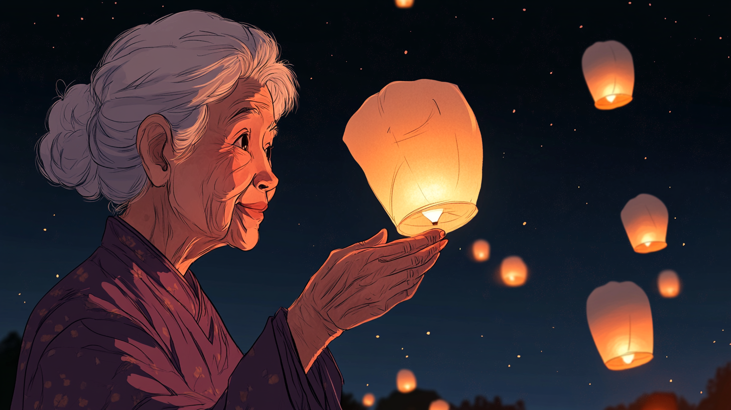 Chinese Grandma and Family Release Lanterns at Night