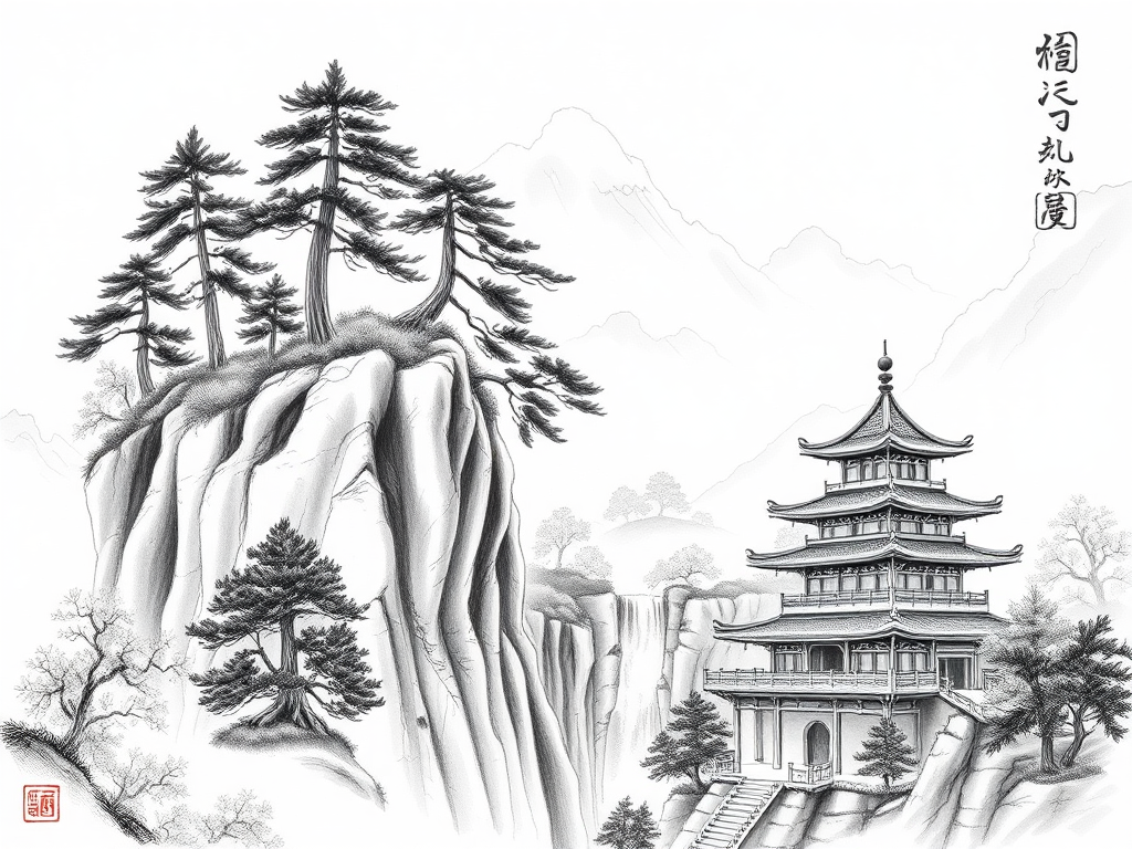 Chinese Ink Drawing: Pines, River, Waterfall, Temple