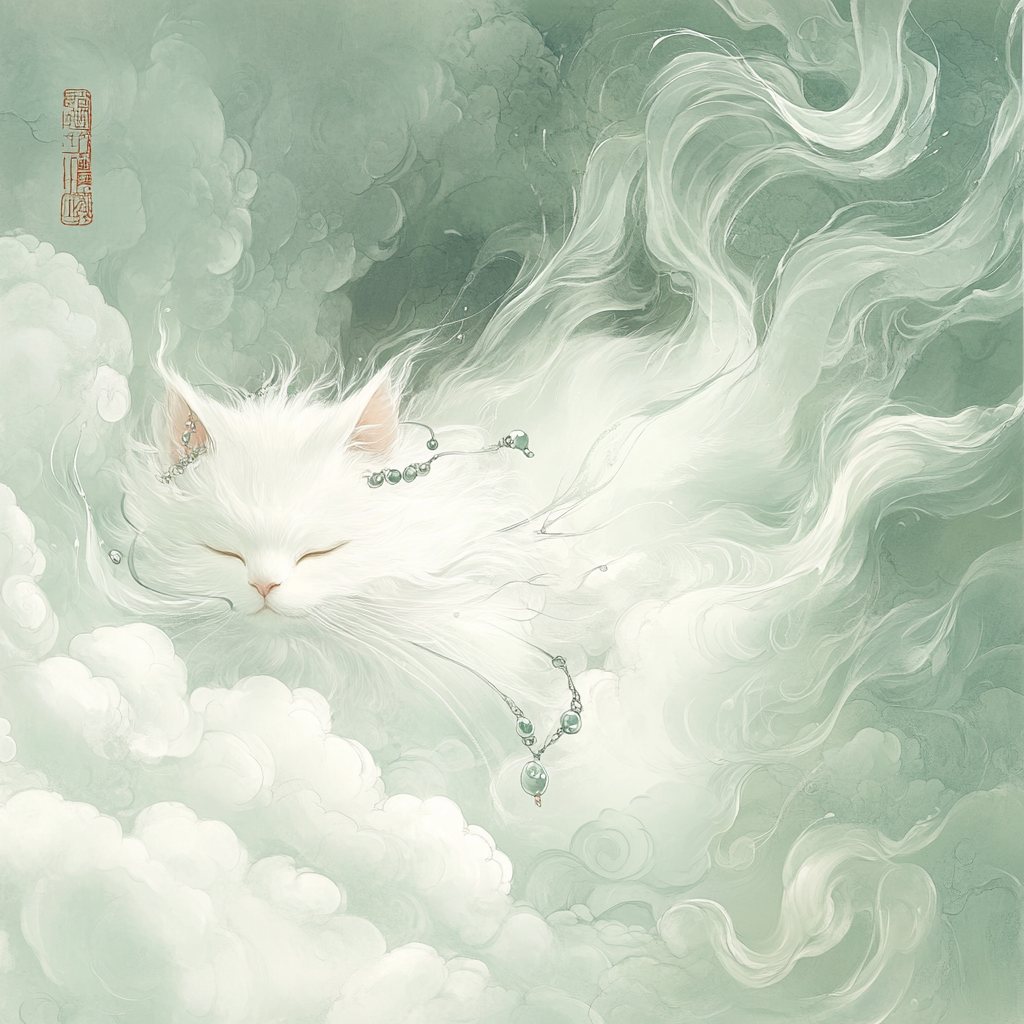 Chinese Ink Painting Poster with Elegant White Cat