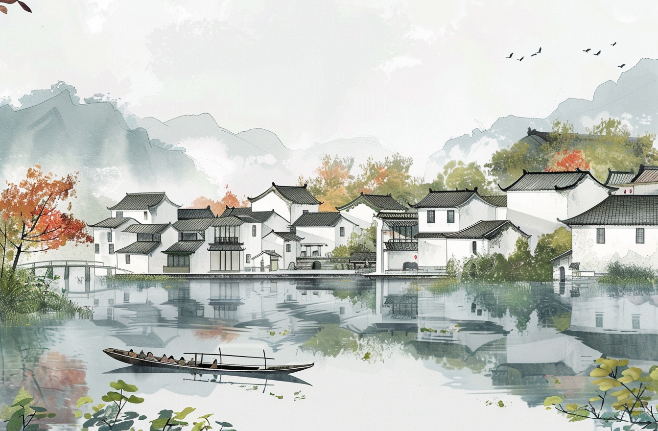 Chinese Ink Painting Style of Jiangnan Water Town