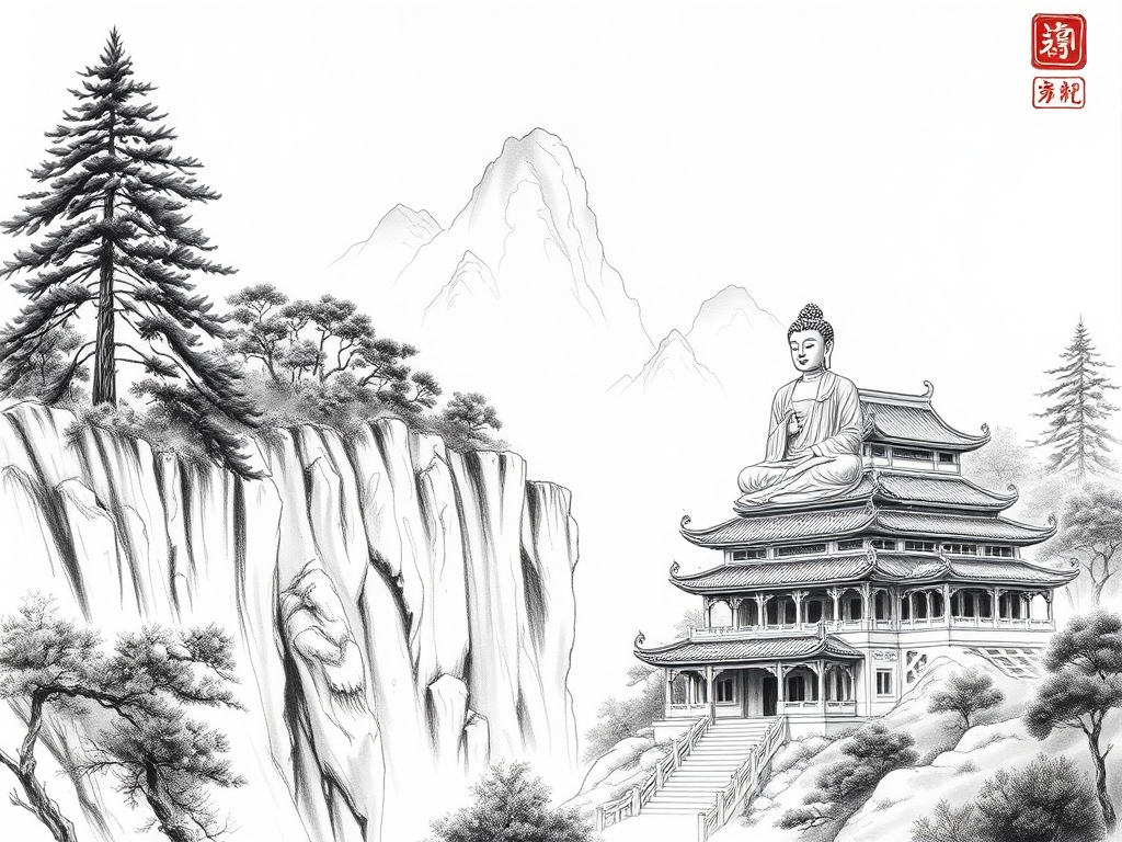 Chinese Ink Style Landscape with Buddha Statue