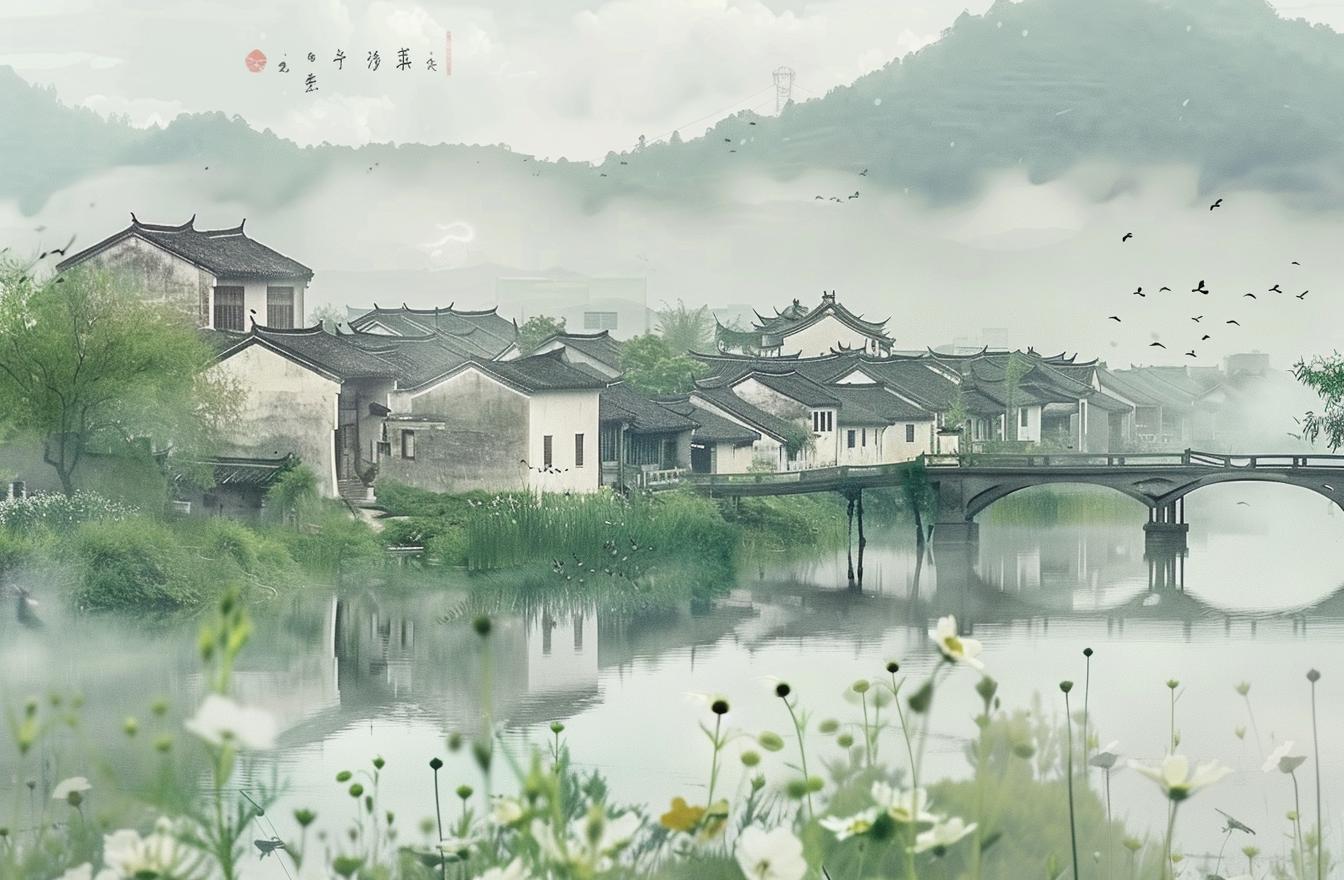 Chinese Landscape Painting with Houses and Water 