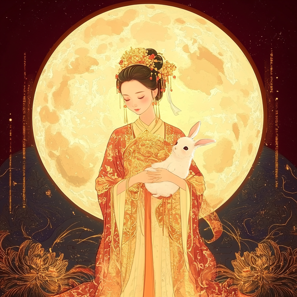 Chinese Mid-Autumn Festival: fairy, moon, rabbit, detailed.