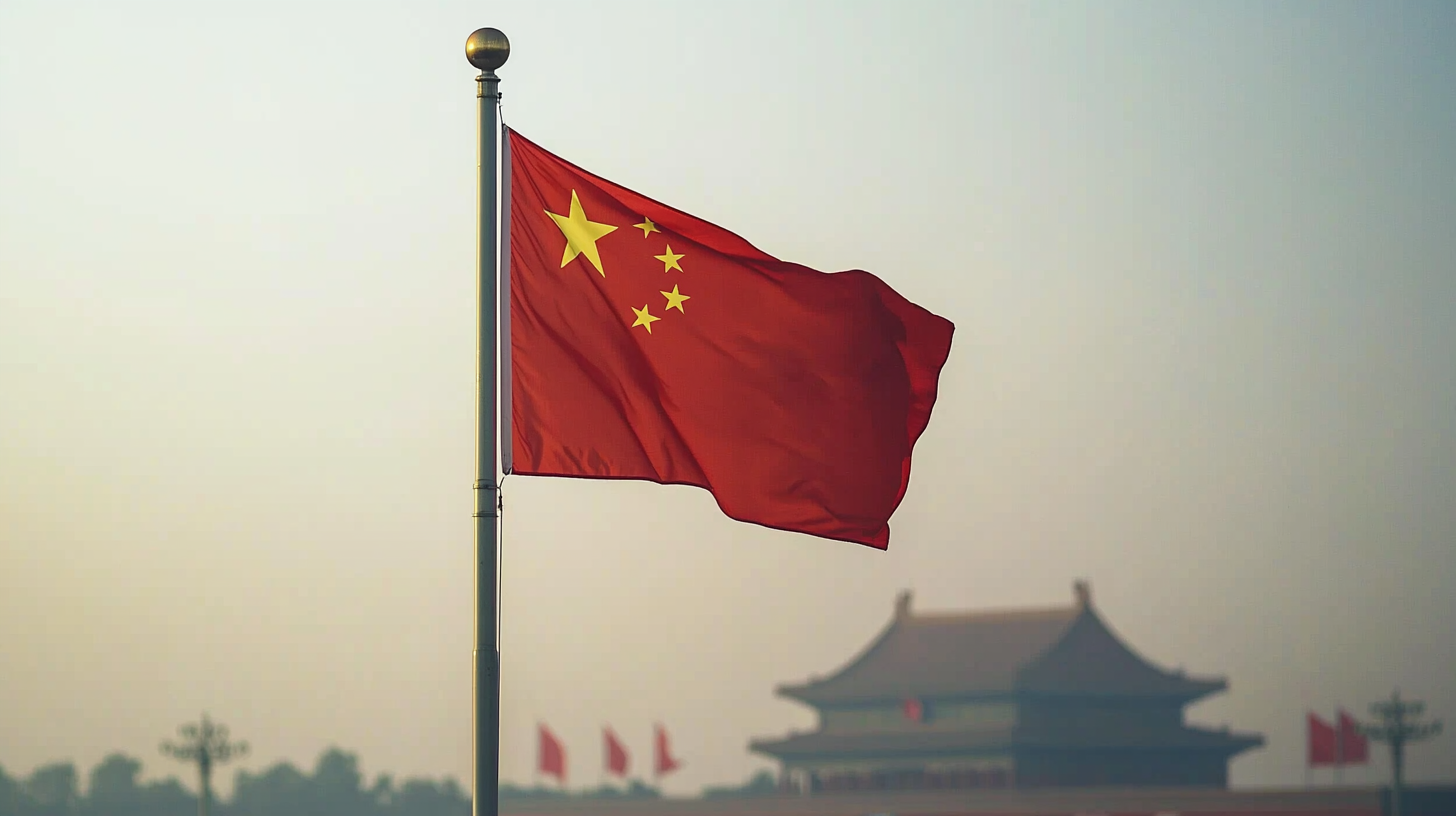 Chinese National Flag, solemn atmosphere, Tiananmen Square, eye-level perspective.