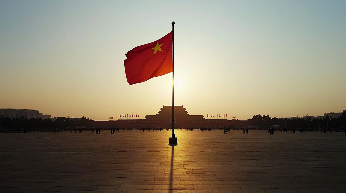 Chinese National Flag at Tiananmen Square, realistic and clear.