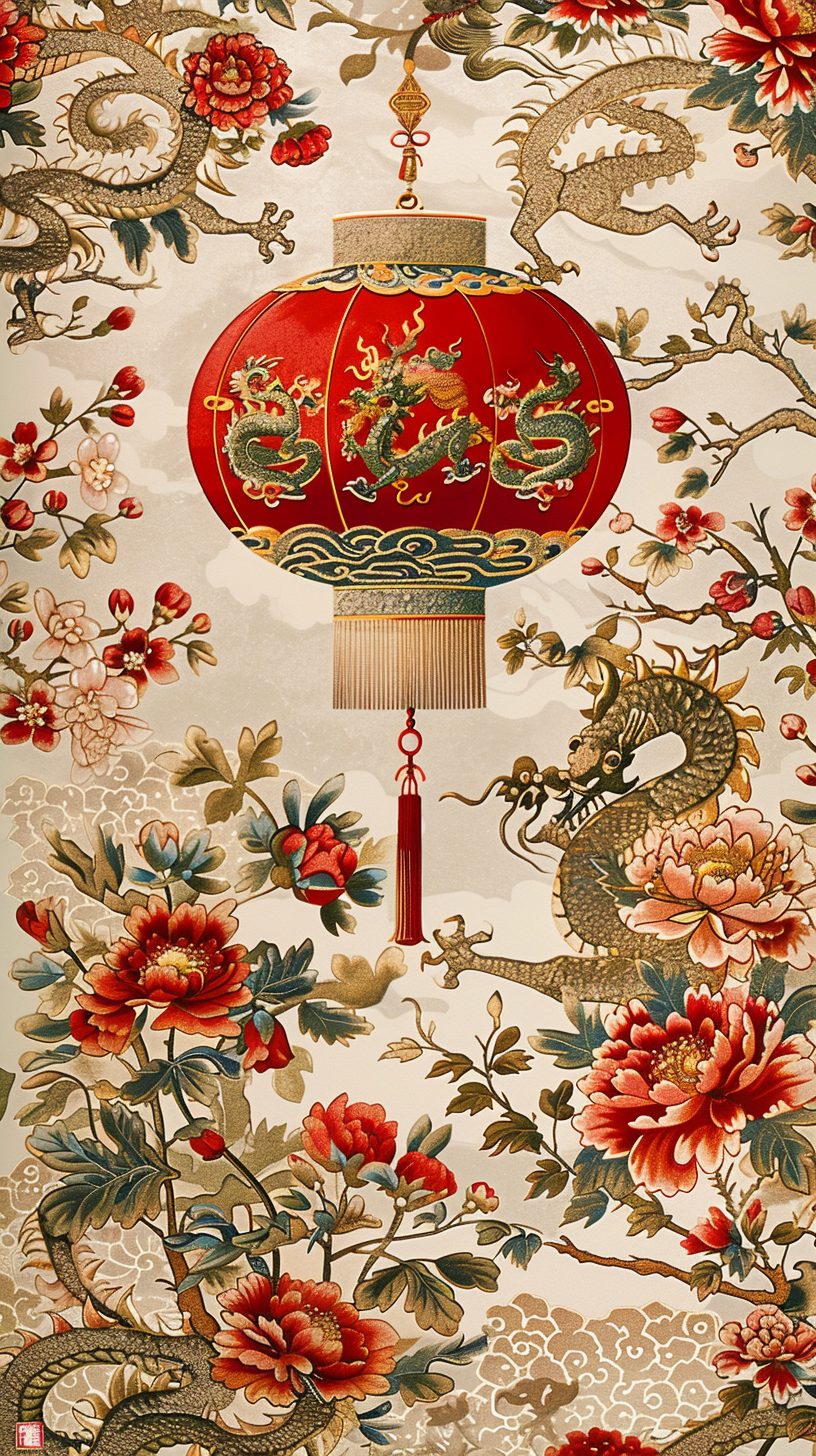 Chinese-Themed Elegant Wallpaper: Lanterns, Dragons, Cherry Blossoms