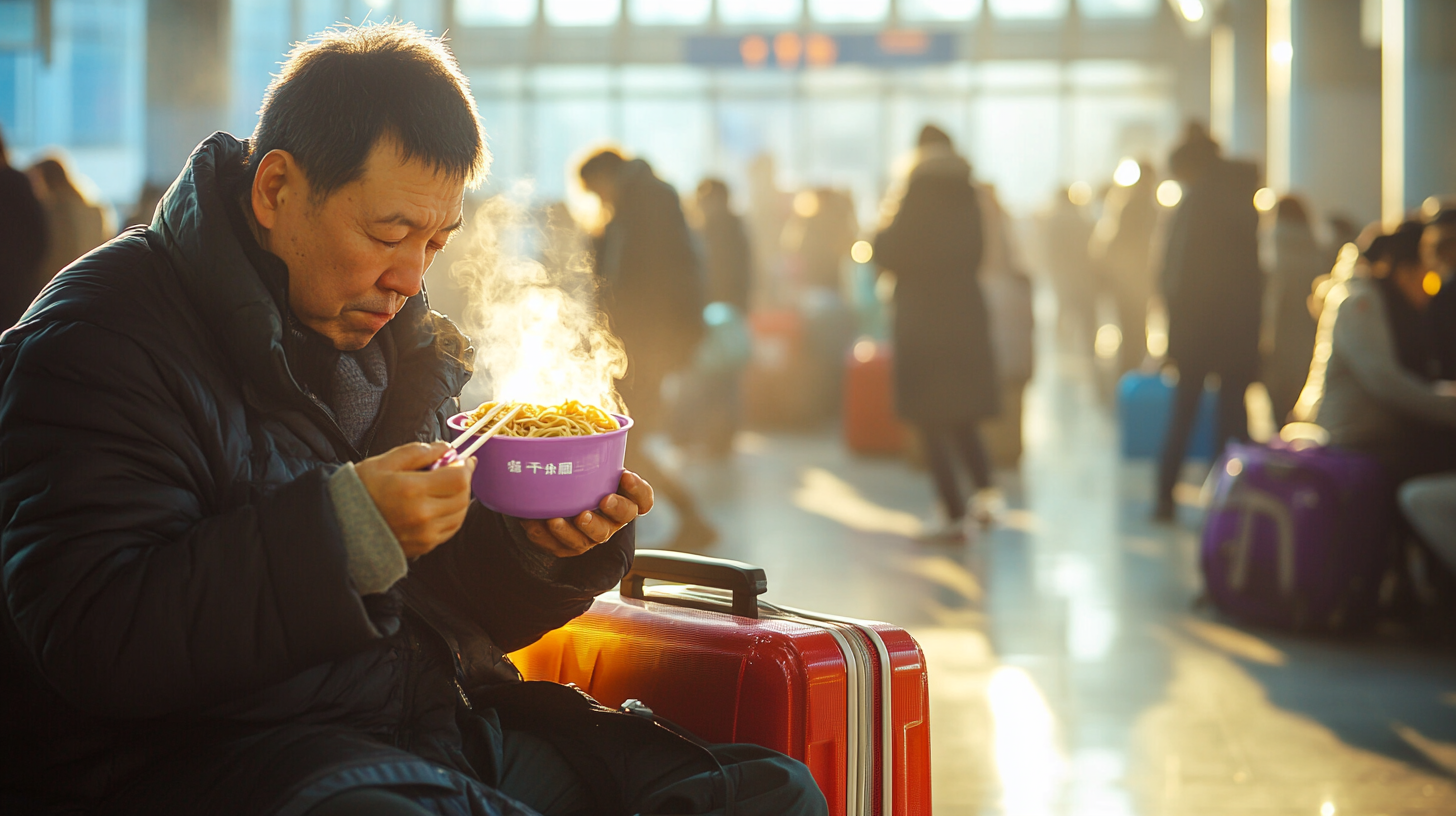 Chinese Travelers Enjoying Noodles at Shanghai Train Station