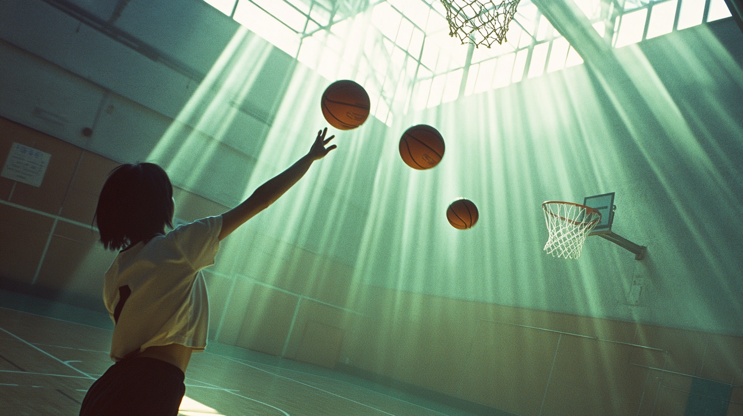 Chinese Woman Playing Basketball in Sunny Indoor Court