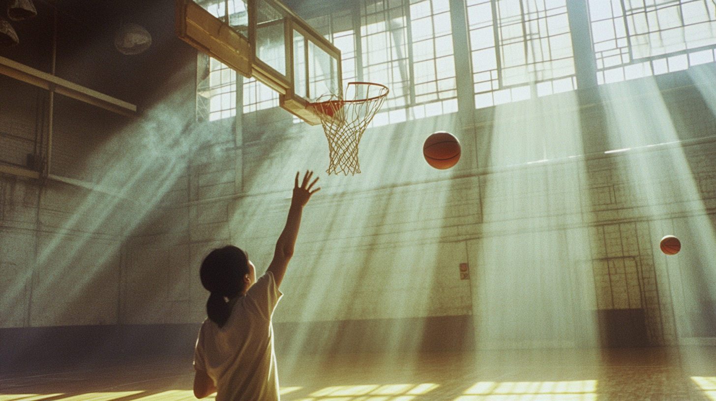 Chinese Woman Scoring Basket in Sunlit Court