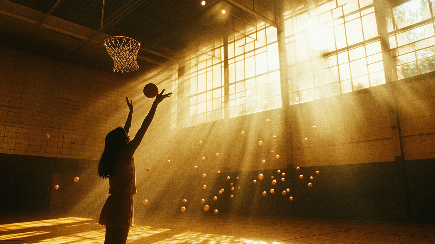 Chinese Woman Shooting Basketball amid Sunlit Court