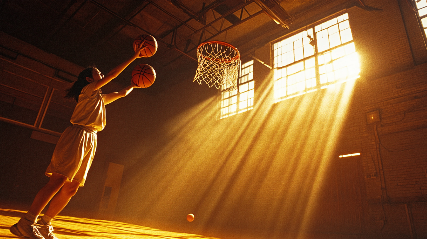 Chinese Woman Shooting Basketball in Sunlit Court