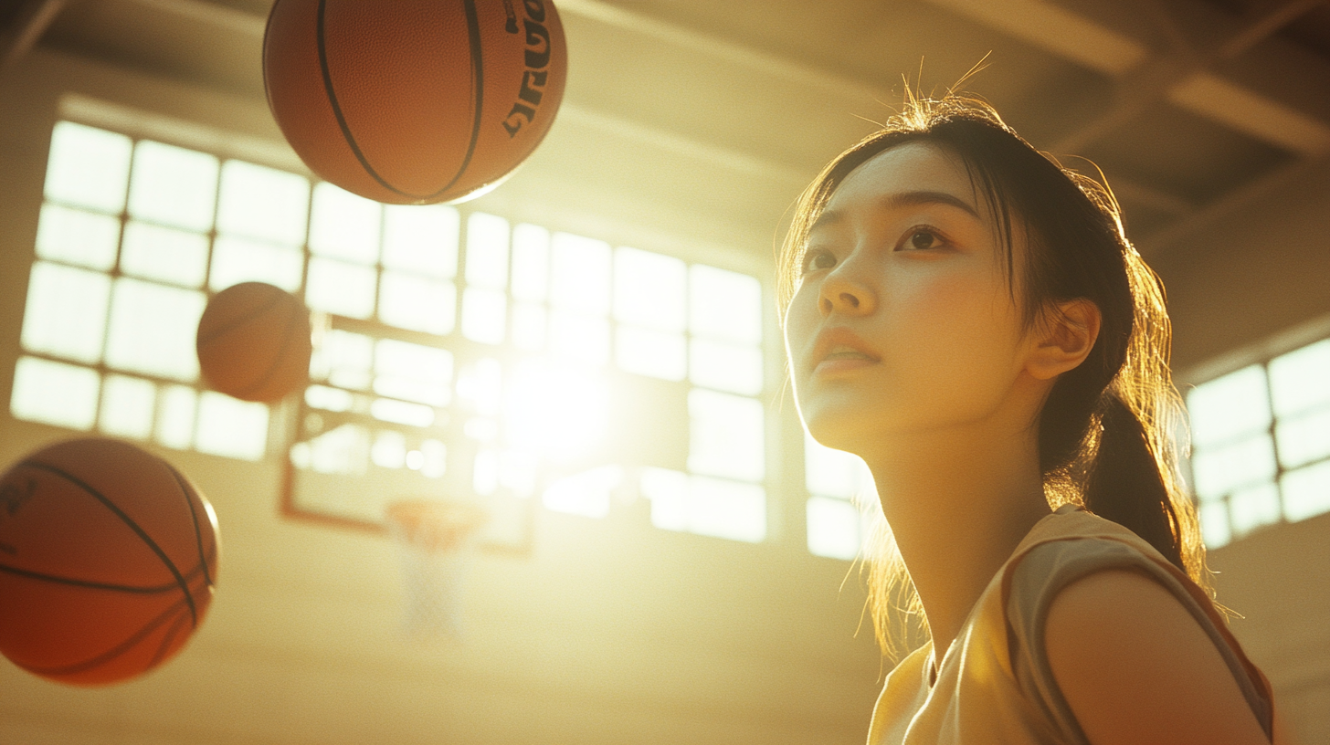 Chinese Woman Shooting Basketballs in Sunlit Court