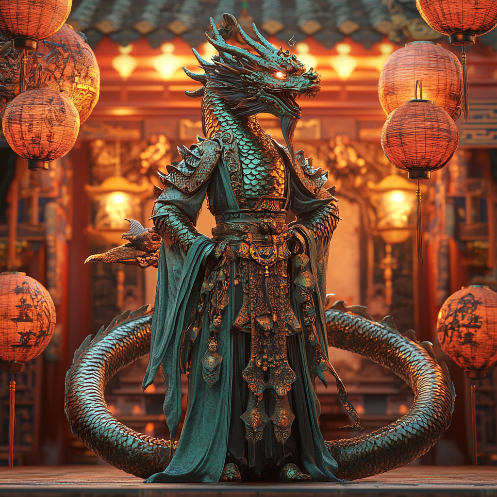 Chinese dragon monk in ornate temple with lanterns.