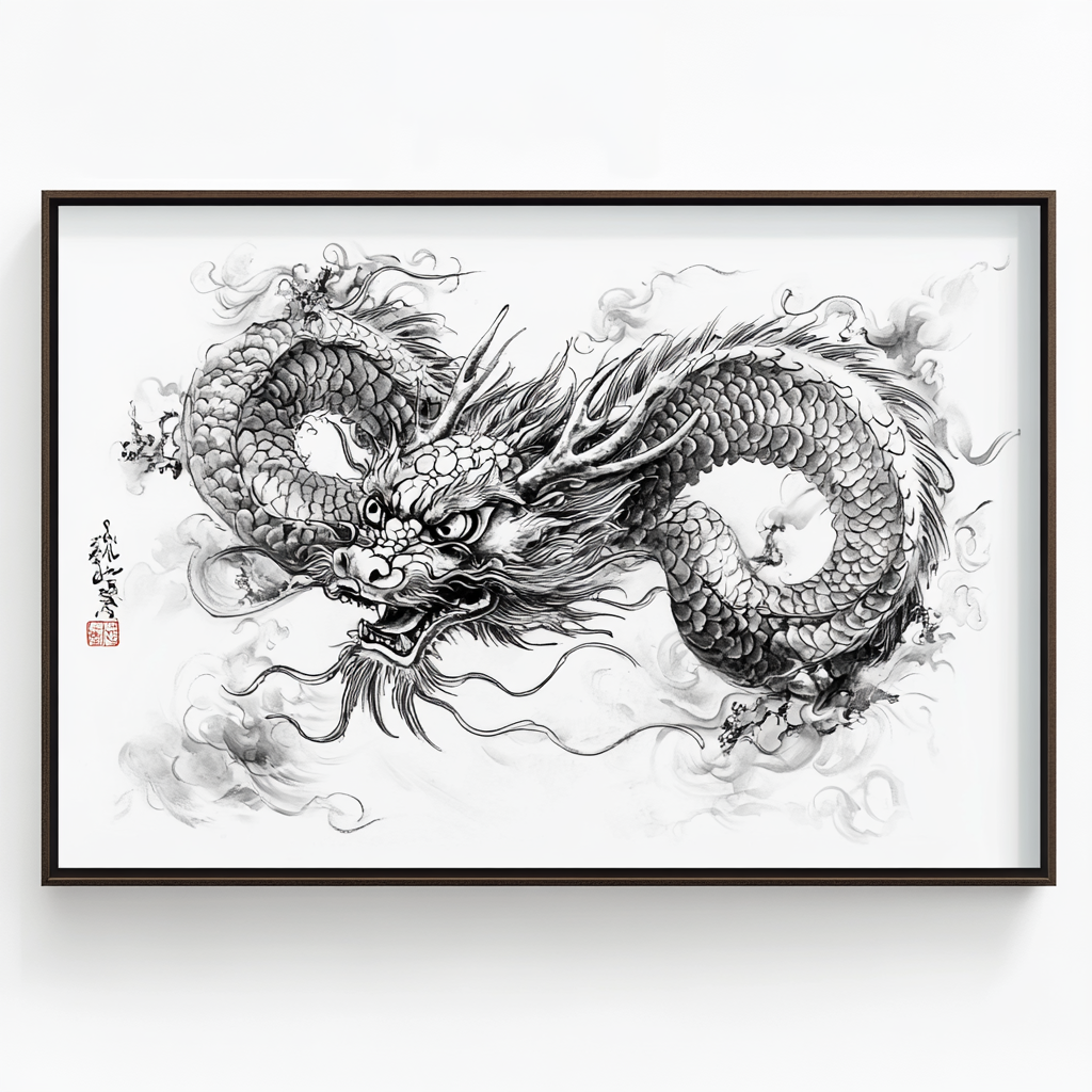 Chinese dragon painting in black and white frame.