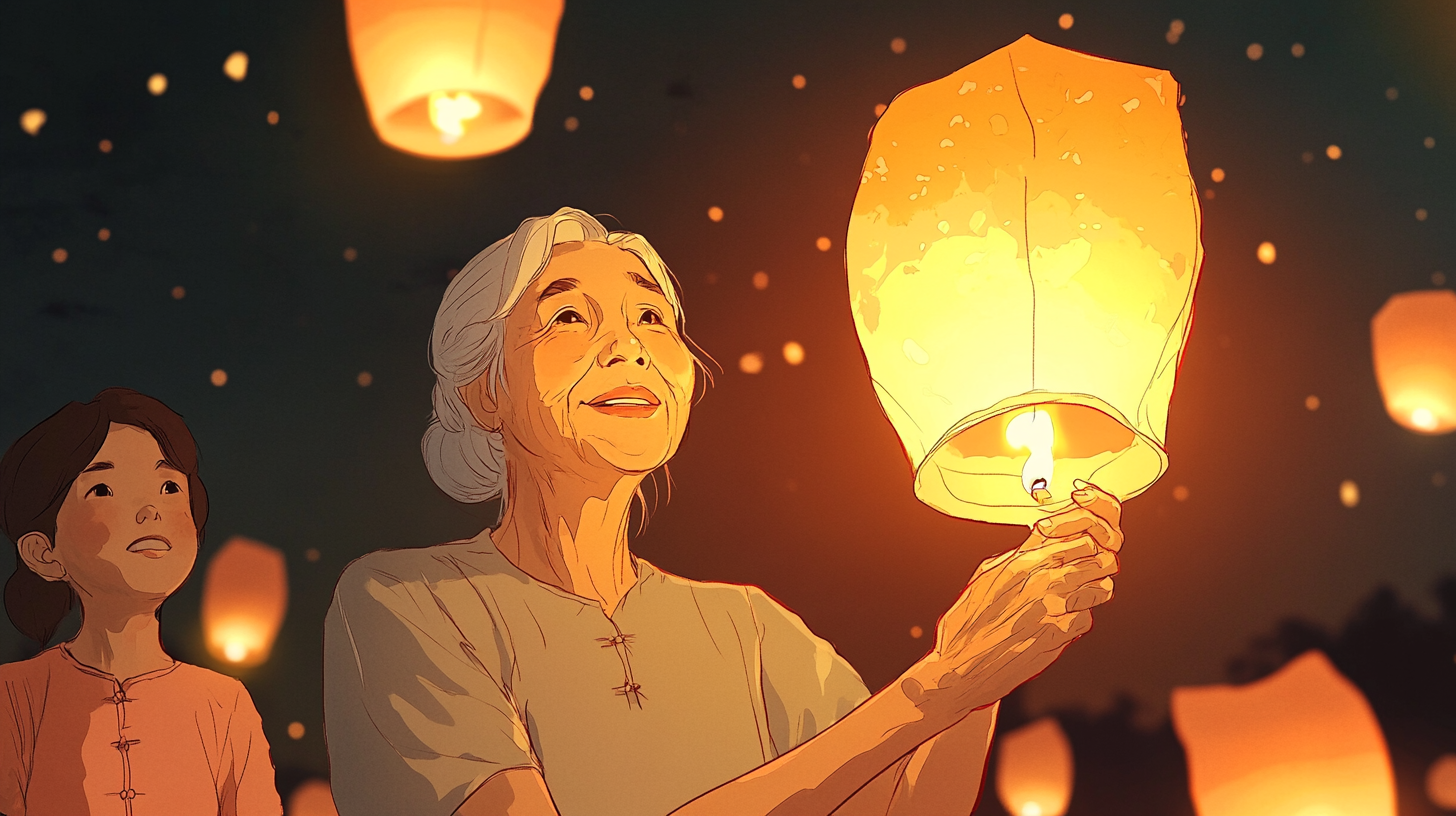 Chinese family releases lanterns into night sky