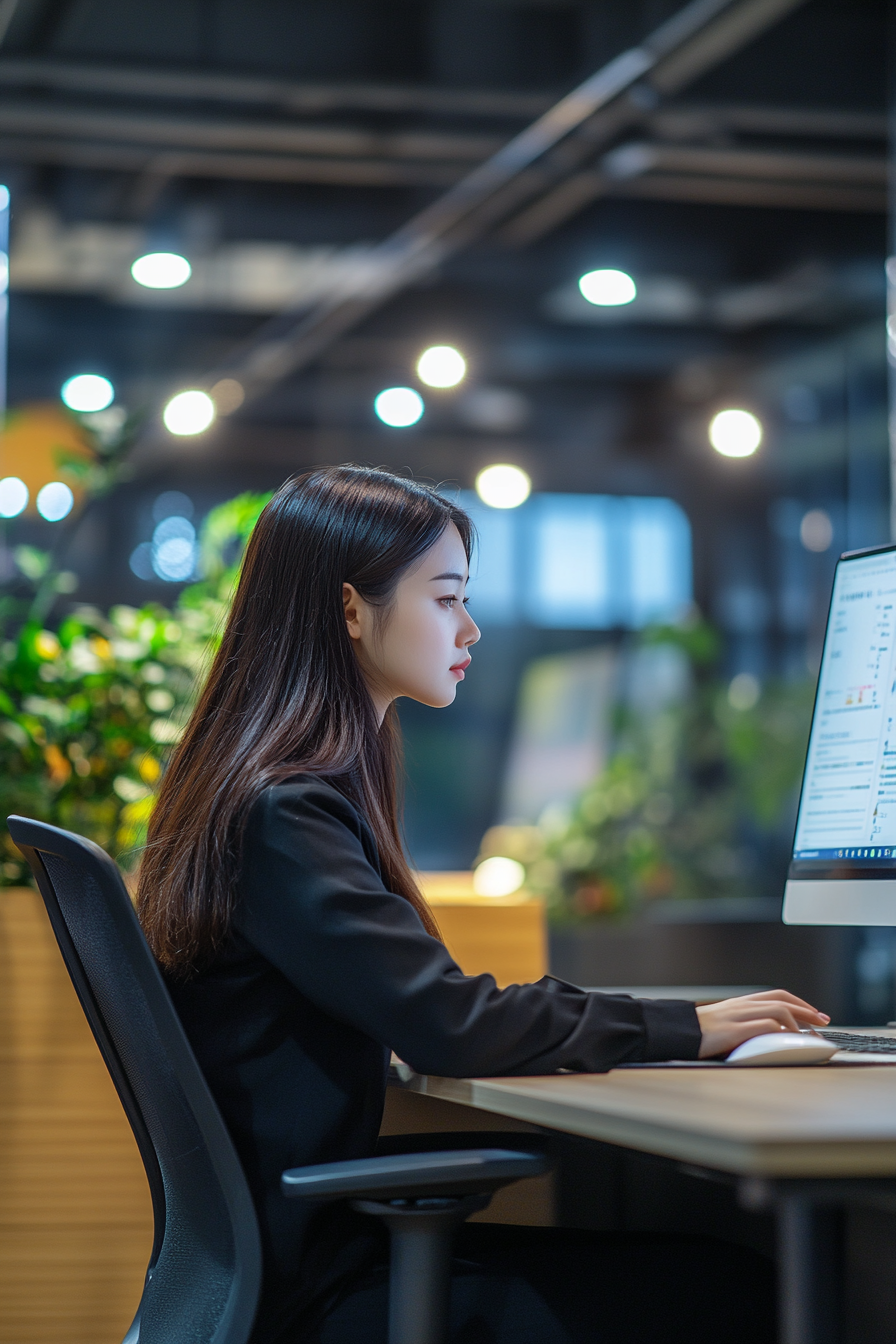 Chinese female teacher working at desk, professional atmosphere.